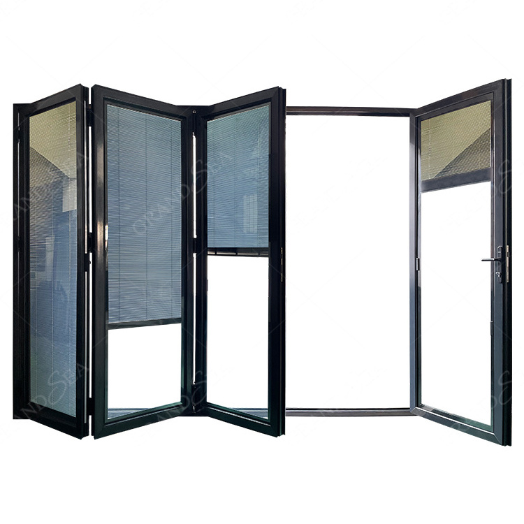 Magnetic Built In Shutter Glass Balcony Aluminum Patio Exterior Sliding Folding Glass Door With Mosquito Net