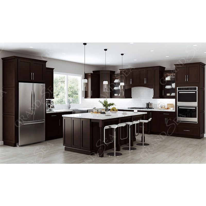 Grandsea New Kitchen Cabinets Solid Wood Black Kitchen  Marble or Quartz Countertop with Island Modern Designs Kitchen Cabinets