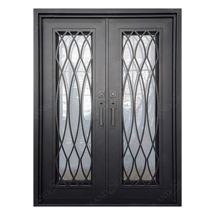 Retro Villa Main Entry Door Exterior Rustic Arch Decorative Grille Double Wrought Iron Entrance Front Doors