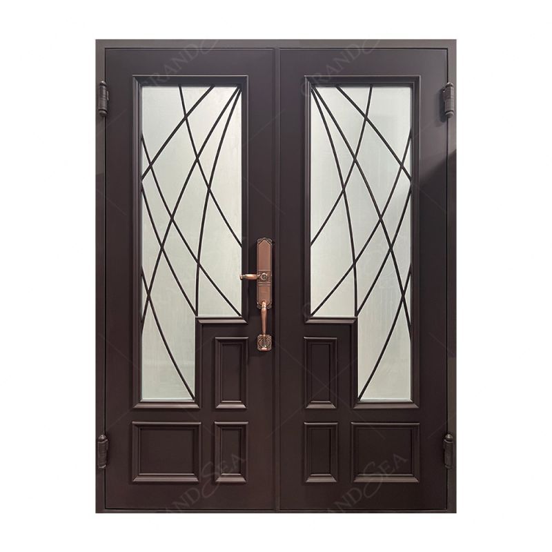 Elegant White and Brown Entry Double Black Modern Front Custom Security Wrought Metal Gate Iron Door