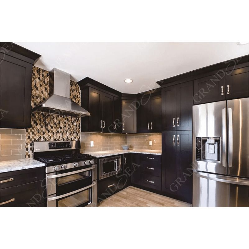 Grandsea New Kitchen Cabinets Solid Wood Black Kitchen  Marble or Quartz Countertop with Island Modern Designs Kitchen Cabinets