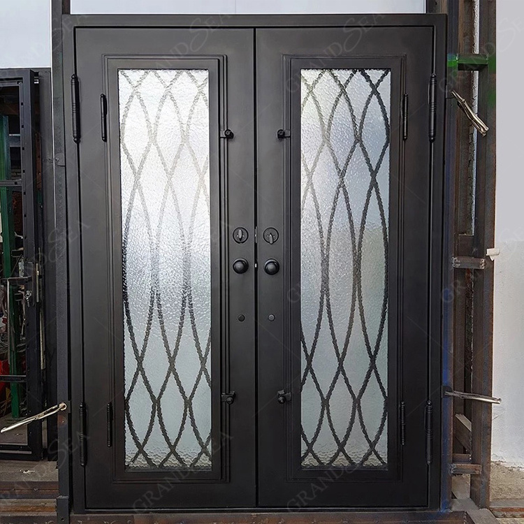 Retro Villa Main Entry Door Exterior Rustic Arch Decorative Grille Double Wrought Iron Entrance Front Doors