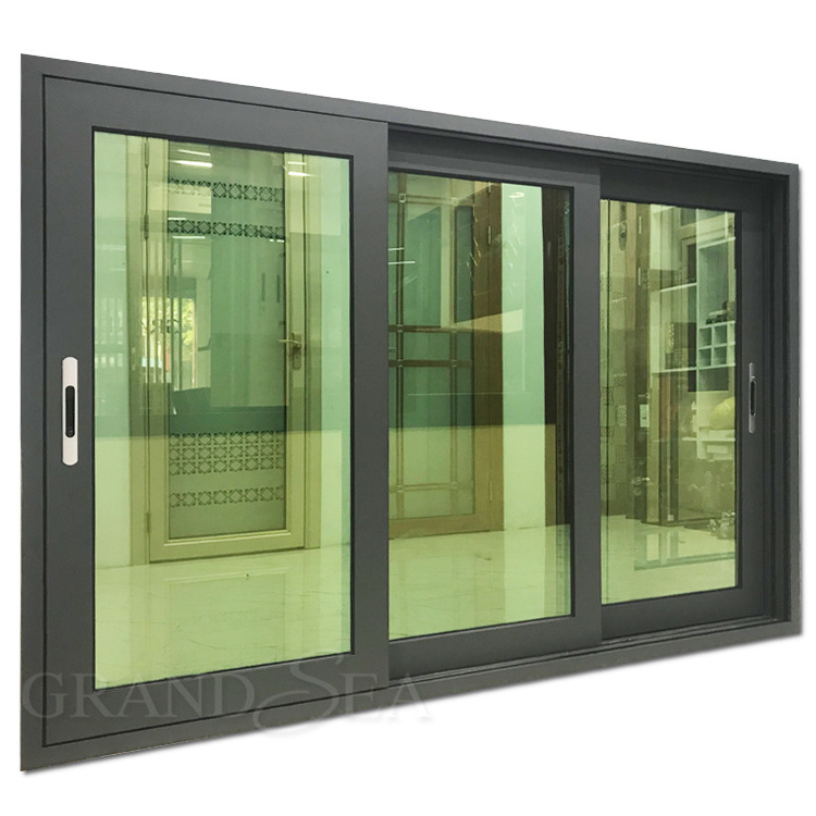 factory price tempered glazed aluminium frame three rail sand grey color sliding windows