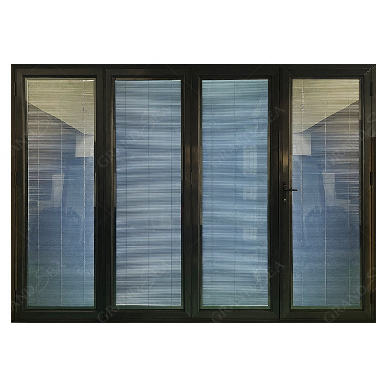 Magnetic Built In Shutter Glass Balcony Aluminum Patio Exterior Sliding Folding Glass Door With Mosquito Net