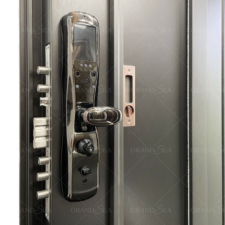 Modern style double tempered hollow glass grill design 5 point security lock 304 stainless steel metal door for sales