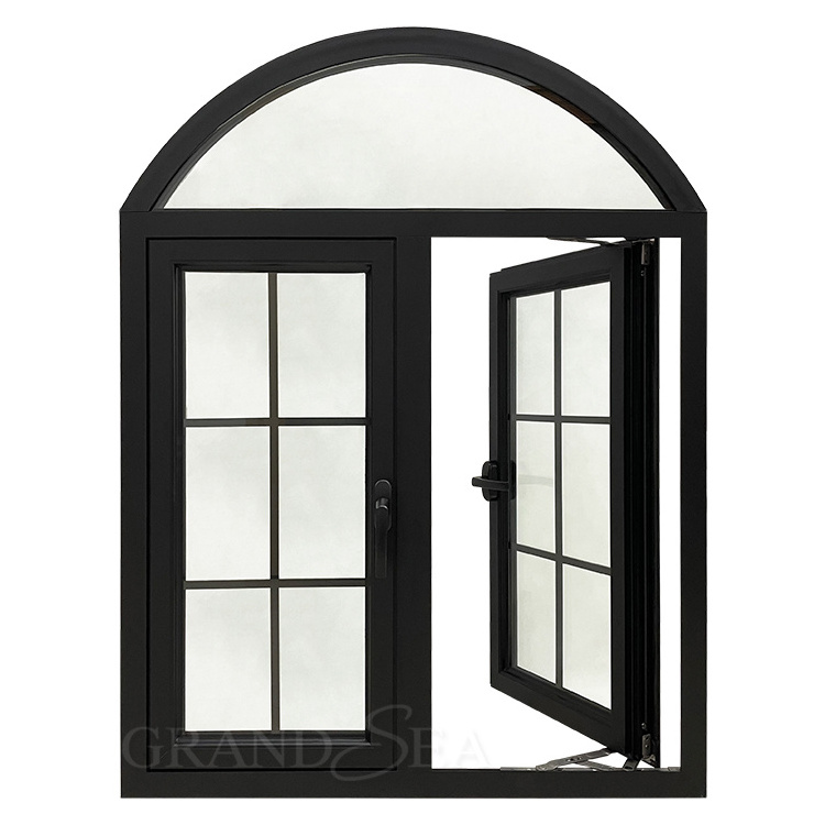 Aluminum black color french top arch window double glazed grill design