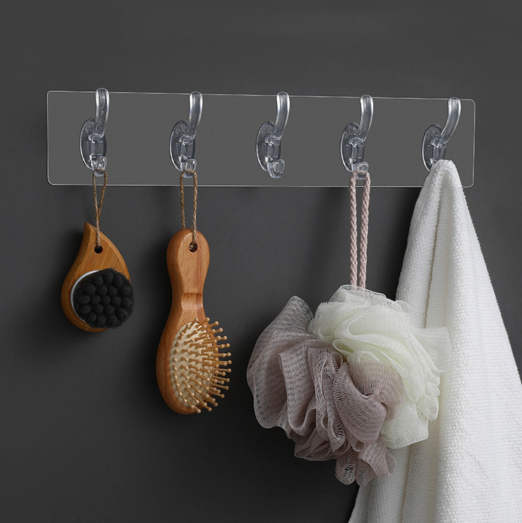 Nail Free Wall Hook Stick Hook Wall A Row Of Traceless Transparent Stick Plastic Back Hanging Six/Five Row