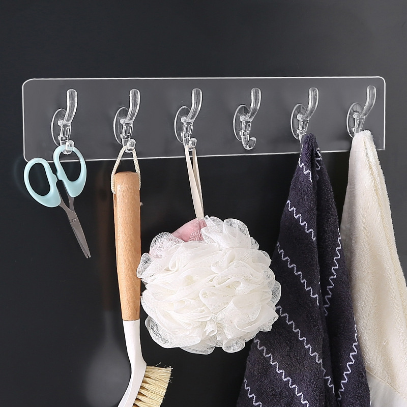 Nail Free Wall Hook Stick Hook Wall A Row Of Traceless Transparent Stick Plastic Back Hanging Six/Five Row