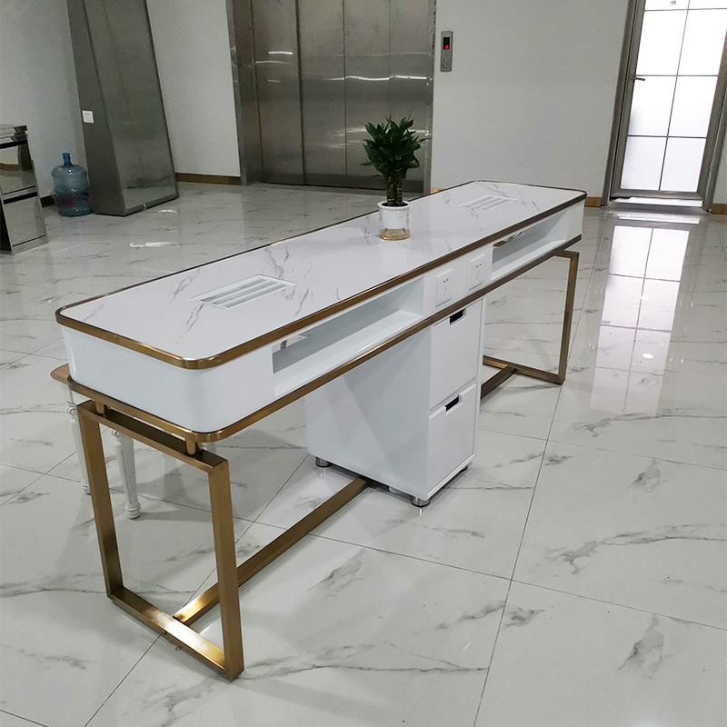 High Quality Salon Luxury Gold Stainless Steel Double Nail Desk Modern White Nail Manicure Table For Sale