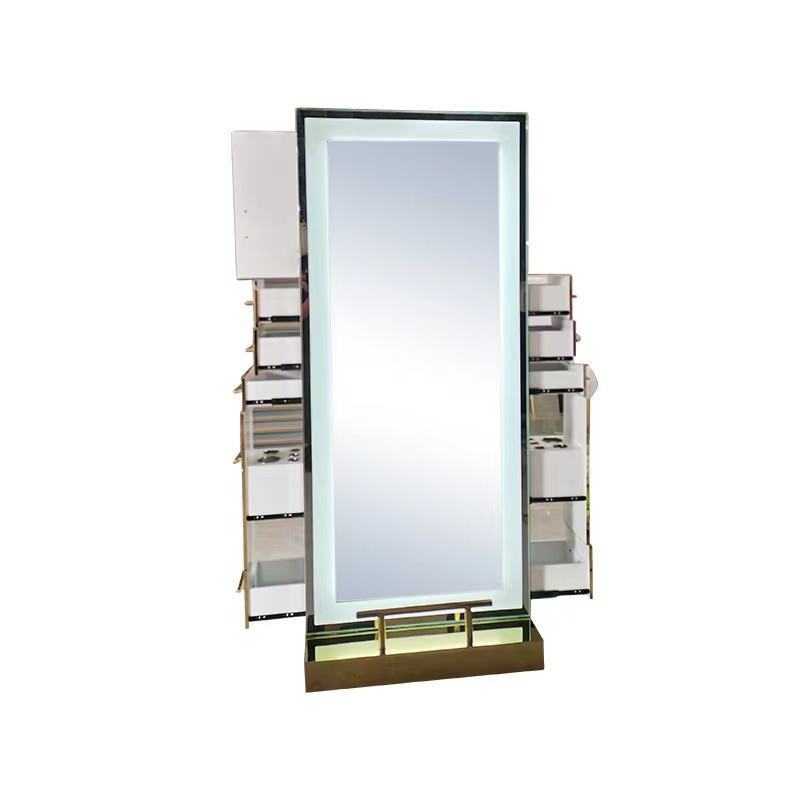 Modern luxury double sides hair station salon furniture gold beauty salon mirror station with led  lighting and cabinet