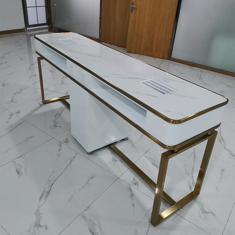 High Quality Salon Luxury Gold Stainless Steel Double Nail Desk Modern White Nail Manicure Table For Sale