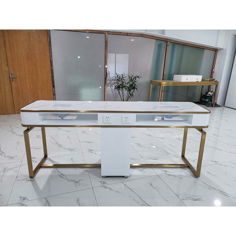 High Quality Salon Luxury Gold Stainless Steel Double Nail Desk Modern White Nail Manicure Table For Sale