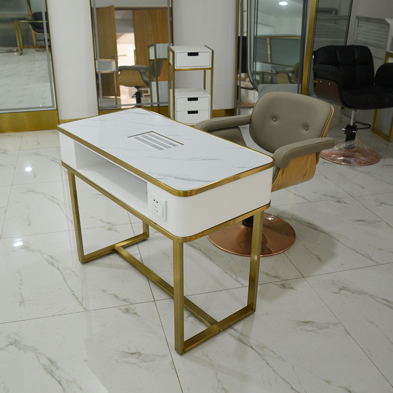 High Quality Salon Luxury Gold Stainless Steel Double Nail Desk Modern White Nail Manicure Table For Sale