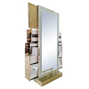 Modern luxury double sides hair station salon furniture gold beauty salon mirror station with led  lighting and cabinet