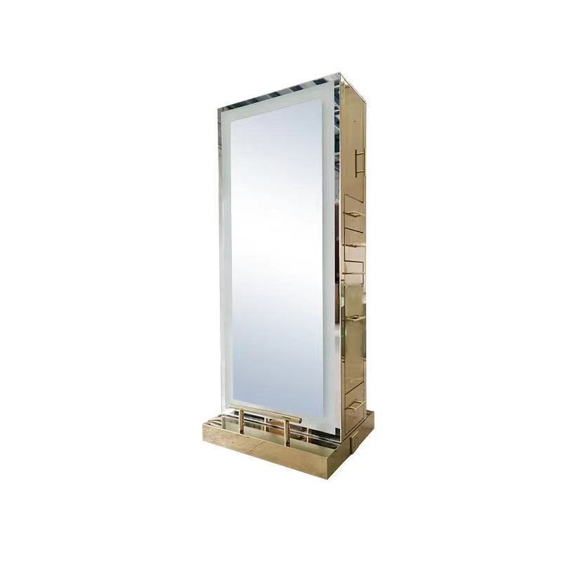 Modern luxury double sides hair station salon furniture gold beauty salon mirror station with led  lighting and cabinet