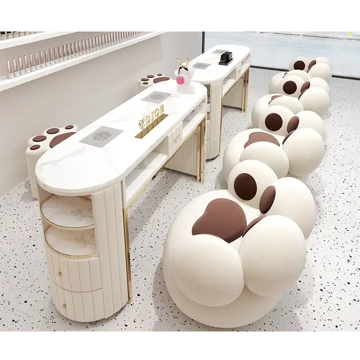 Creative design nail technician table sets white stone top luxury double nail table with double drawer