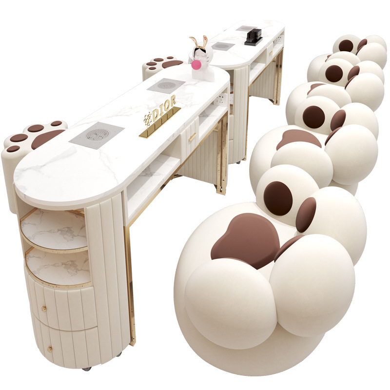 Creative design nail technician table sets white stone top luxury double nail table with double drawer