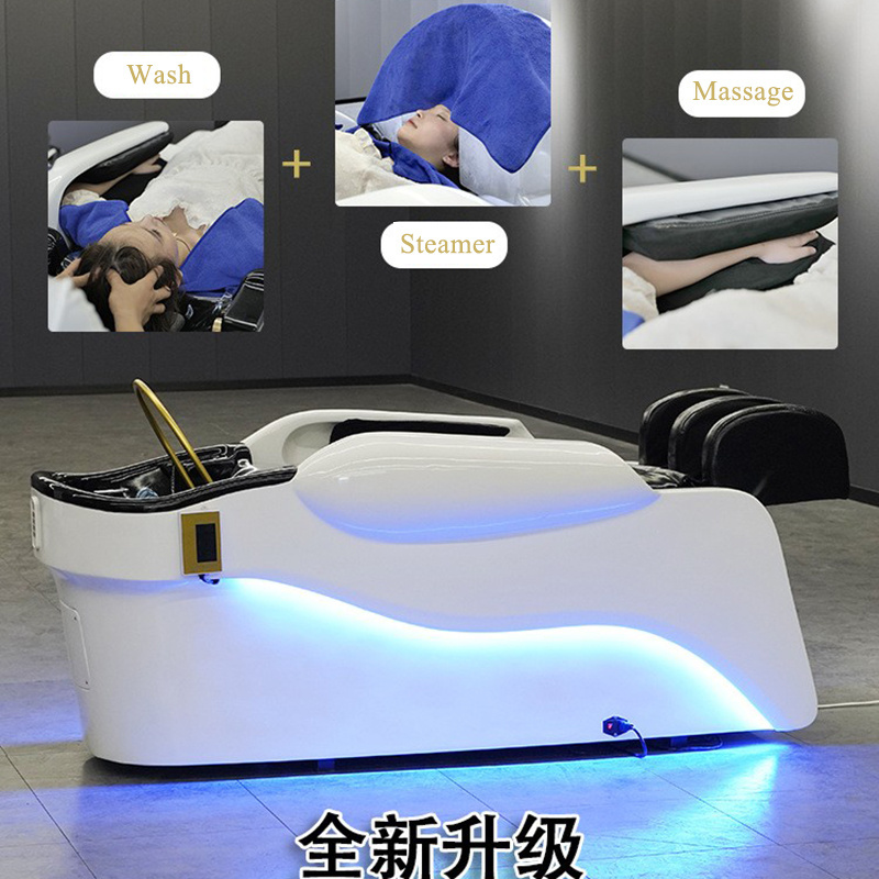 Luxury automatic electric spa head water therapy shampoo bed hair washing massage chair shampoo bed with bowl steamer