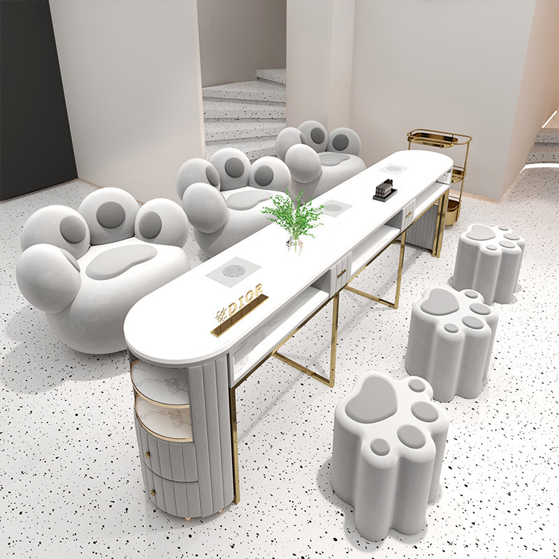 Creative design nail technician table sets white stone top luxury double nail table with double drawer