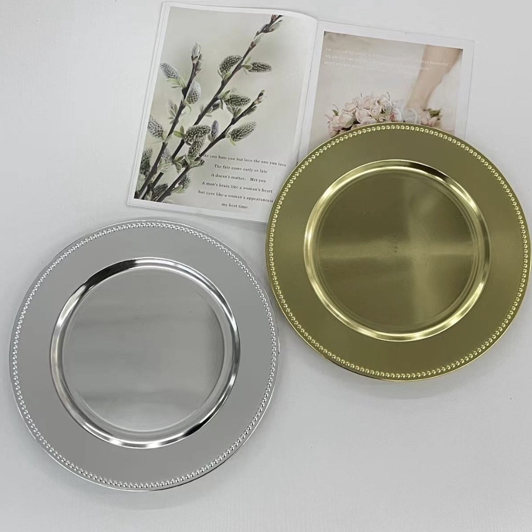 cheap wholesale plastic black gold silver charger plates wedding decoration bulk chargers for dinner plates