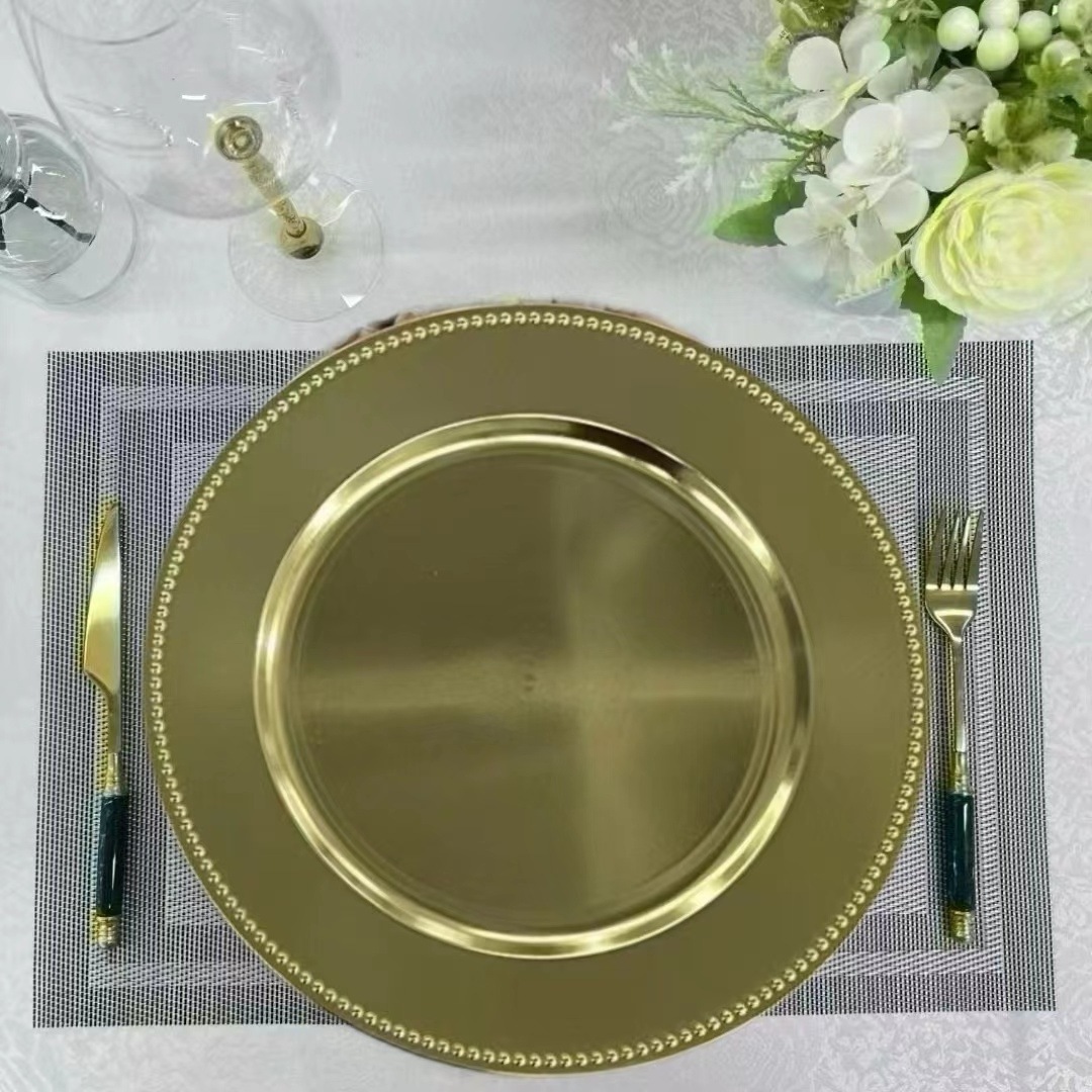 cheap wholesale plastic black gold silver charger plates wedding decoration bulk chargers for dinner plates