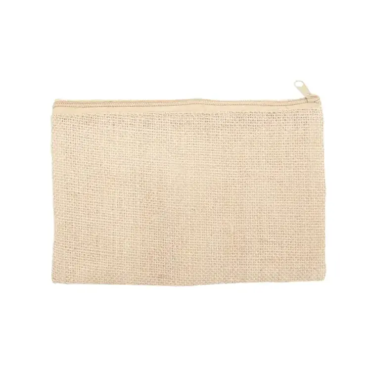 Custom logo burlap toiletry pouch make up zipper bag organic jute cosmetic bag