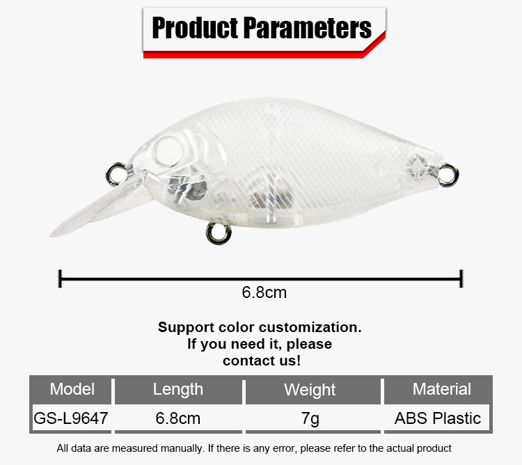 65mm7.2g unpainted lure crankbait blanks transparent cranbaits square bill crankbait ABS plastic blank lure