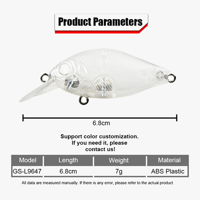 65mm7.2g unpainted lure crankbait blanks transparent cranbaits square bill crankbait ABS plastic blank lure