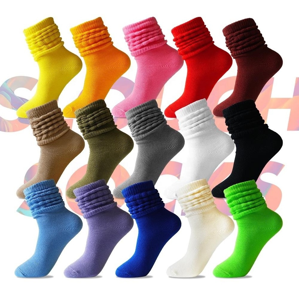 Custom Colorful Extra Long Heavy Thick Women Cotton Knee High Ruffle Loose Scruchie White Slouch Socks