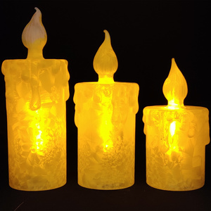 Battery operated set 3 decorative china flameless pillar white led tea lights glass candle