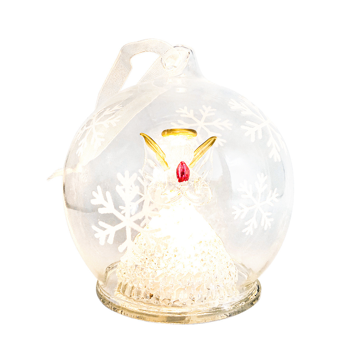 Custom promotional christmas ornament 80mm LED Xmas Tree Angel Lighted Ornament in clear glass ball with glitter snowflakes