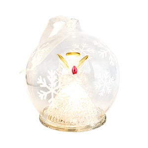 Custom promotional christmas ornament 80mm LED Xmas Tree Angel Lighted Ornament in clear glass ball with glitter snowflakes