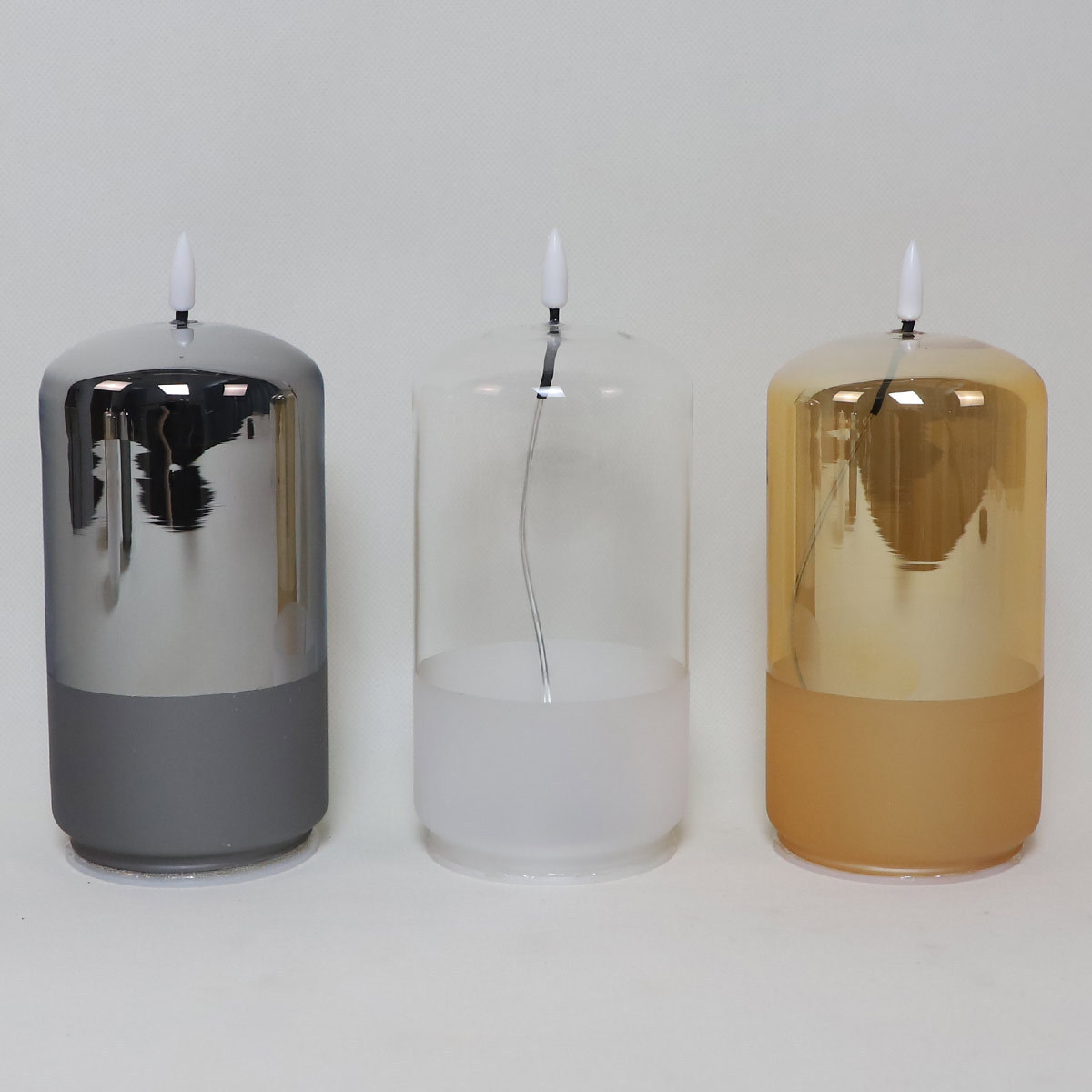 Handmade small pillar white gold smoke grey black clear led glass smokeless flameless candle lights set with timer function