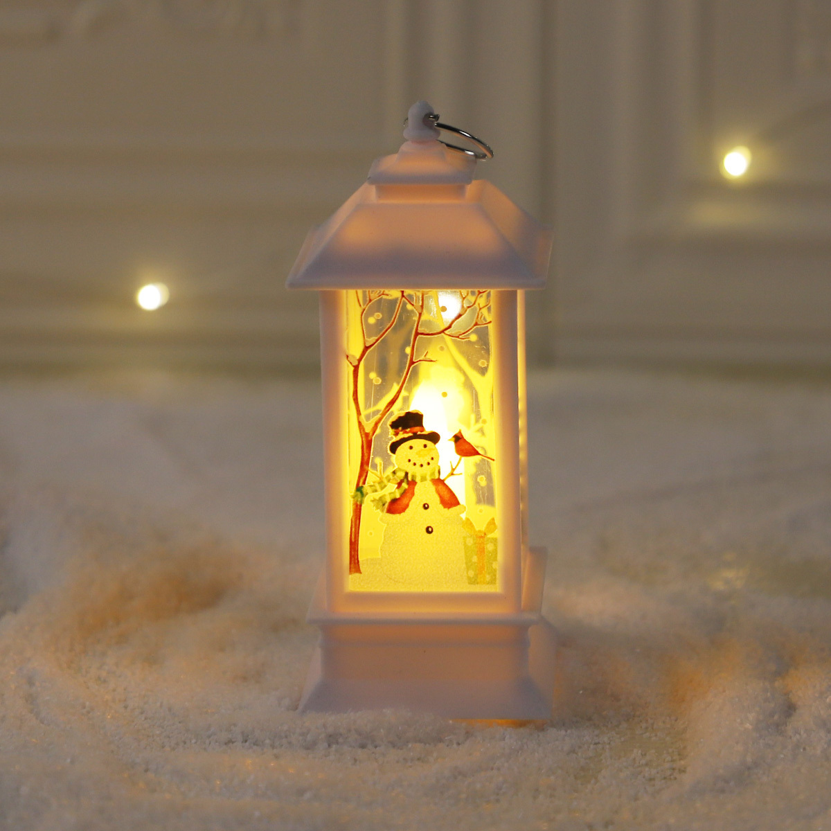 Wholesale western style plastic white christmas snowman mini lantern lanterns house decorative led tree ornaments with lights