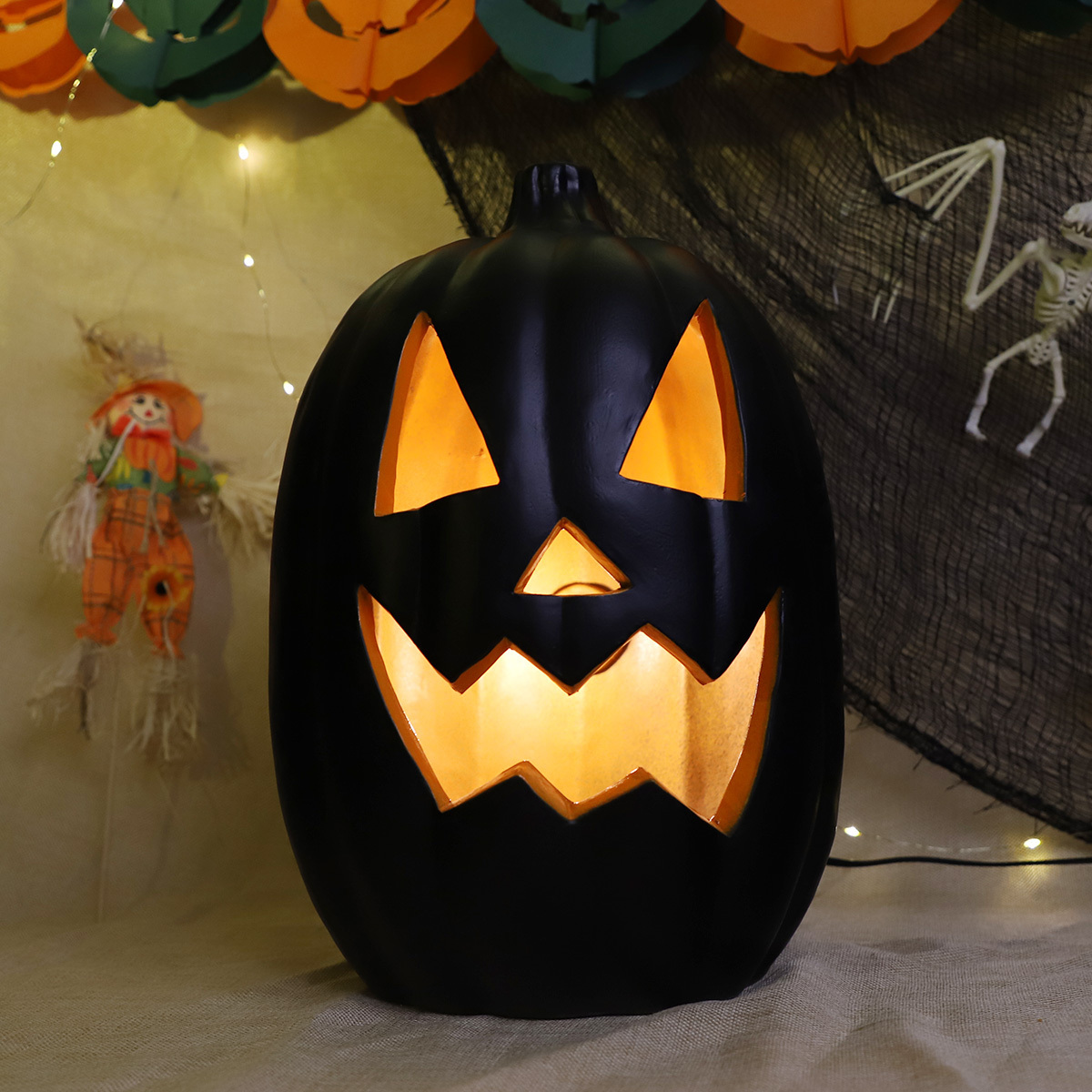 Black pumpkin face Jack O lantern Wholesale decorative artificial Halloween gift PU plastic pumpkin table decoration light lamp