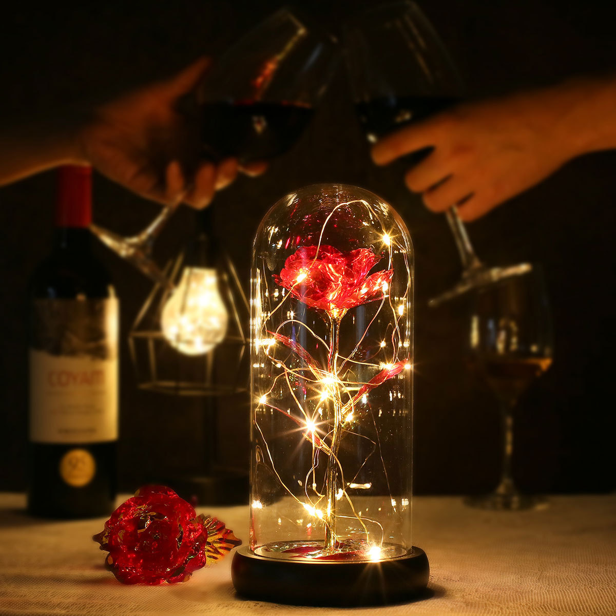 Valentines day gift items decor glass dome artificial galaxy rose flower battery operate led string lights wooden base for sale