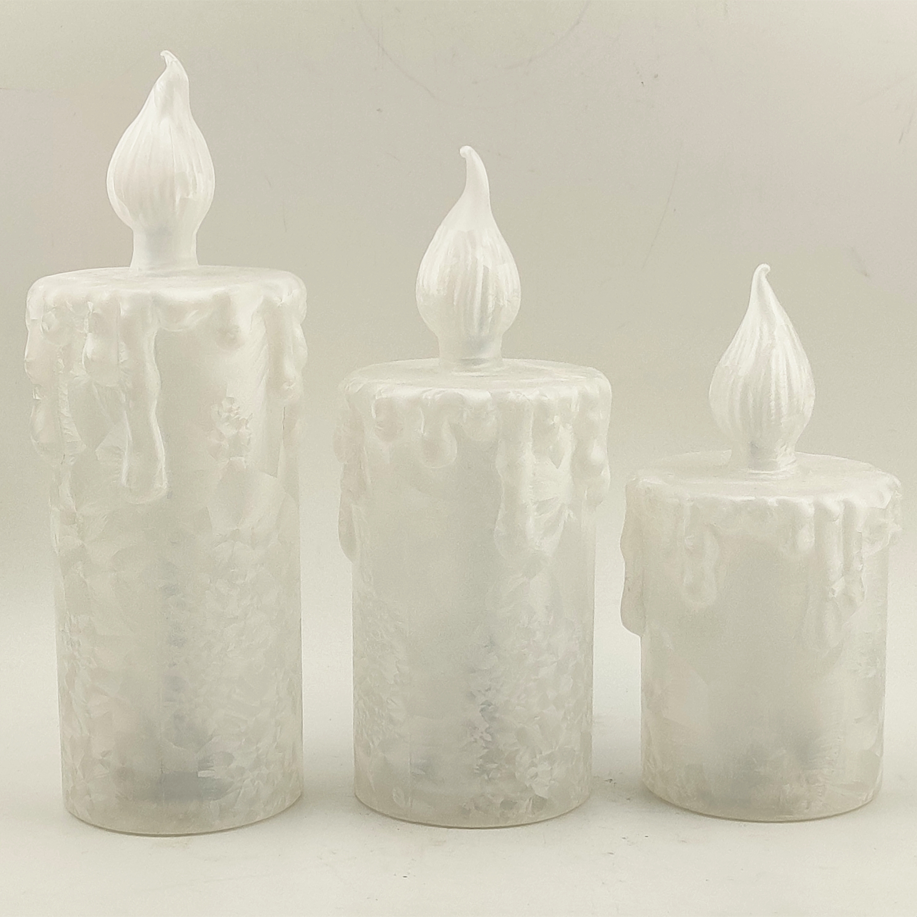 Battery operated set 3 decorative china flameless pillar white led tea lights glass candle