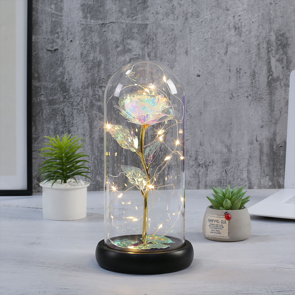 Valentines day gift items decor glass dome artificial galaxy rose flower battery operate led string lights wooden base for sale