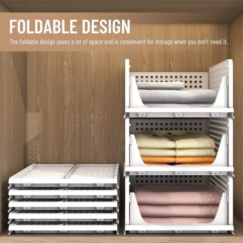 Stackable Plastic Storage Basket, Foldable Closet Organizers and Storage Bins 4 Pack Drawer Shelf Storage Container