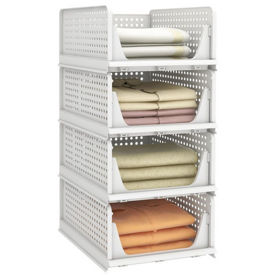 Stackable Plastic Storage Basket, Foldable Closet Organizers and Storage Bins 4 Pack Drawer Shelf Storage Container