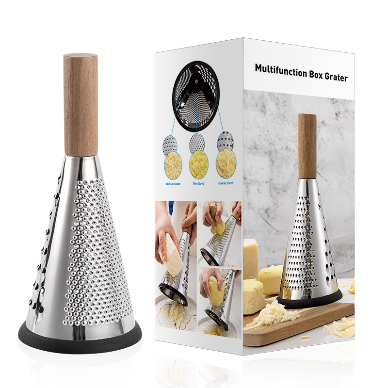 Stainless Steel 3 Side Fruit Vegetable Professional Box Grater Cheese Shredder with Wood Handle