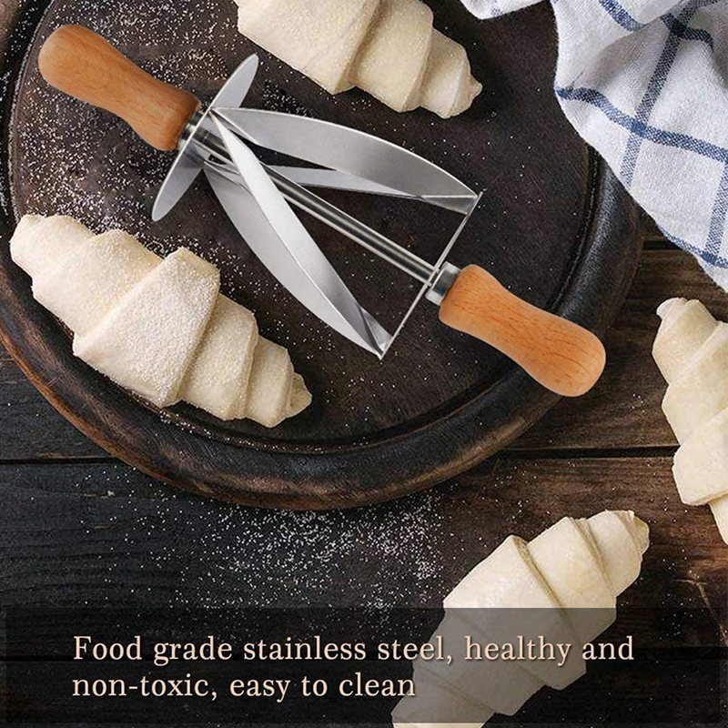 Kitchen Baking Tool Stainless Steel Wood Handle French Bread Croissant Roller Cutter Maker Slicer