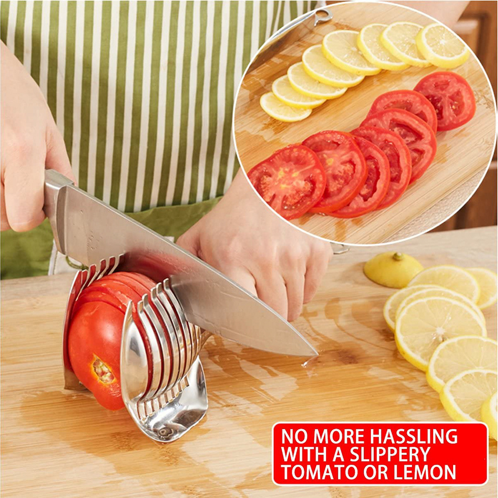 Multipurpose Handheld Round Fruit Slicer Tongs Stainless Steel Onion Holder Tomato Lemon Slicer