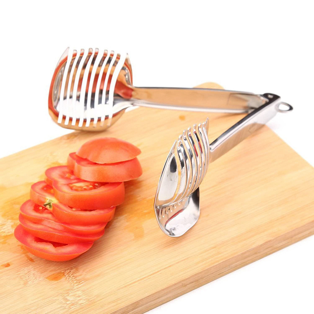 Multipurpose Handheld Round Fruit Slicer Tongs Stainless Steel Onion Holder Tomato Lemon Slicer