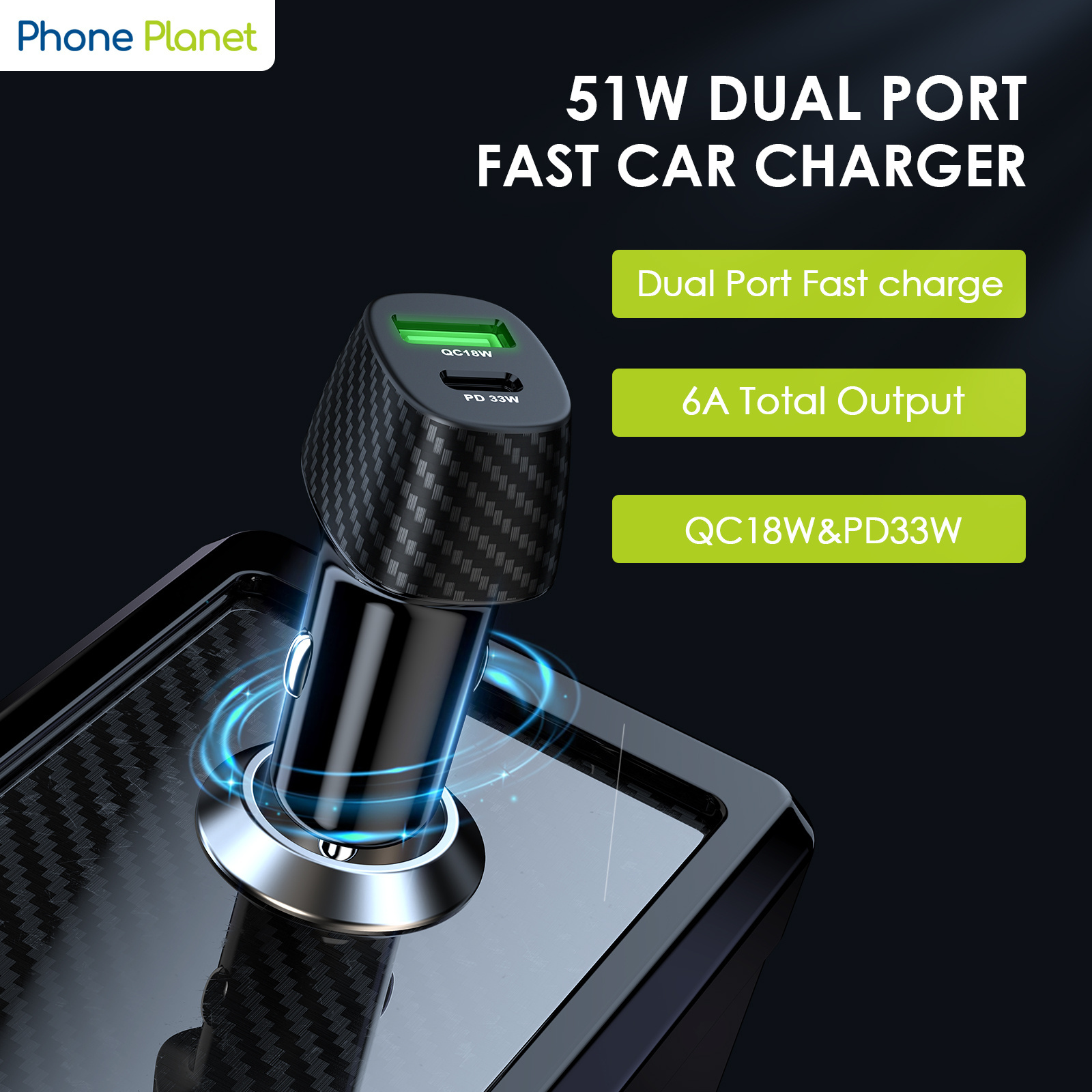 Phone Planet 51w dual usb prot super fast charging car charger type c PD QC3.0 universal car charger