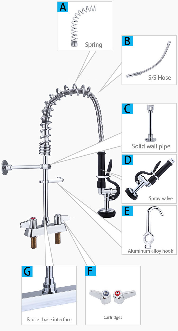 PDS Commercial Wall Mount 4 Inch Adjustable Center Pre rinse Nozzles Mixer Tap Kitchen Sink Faucet