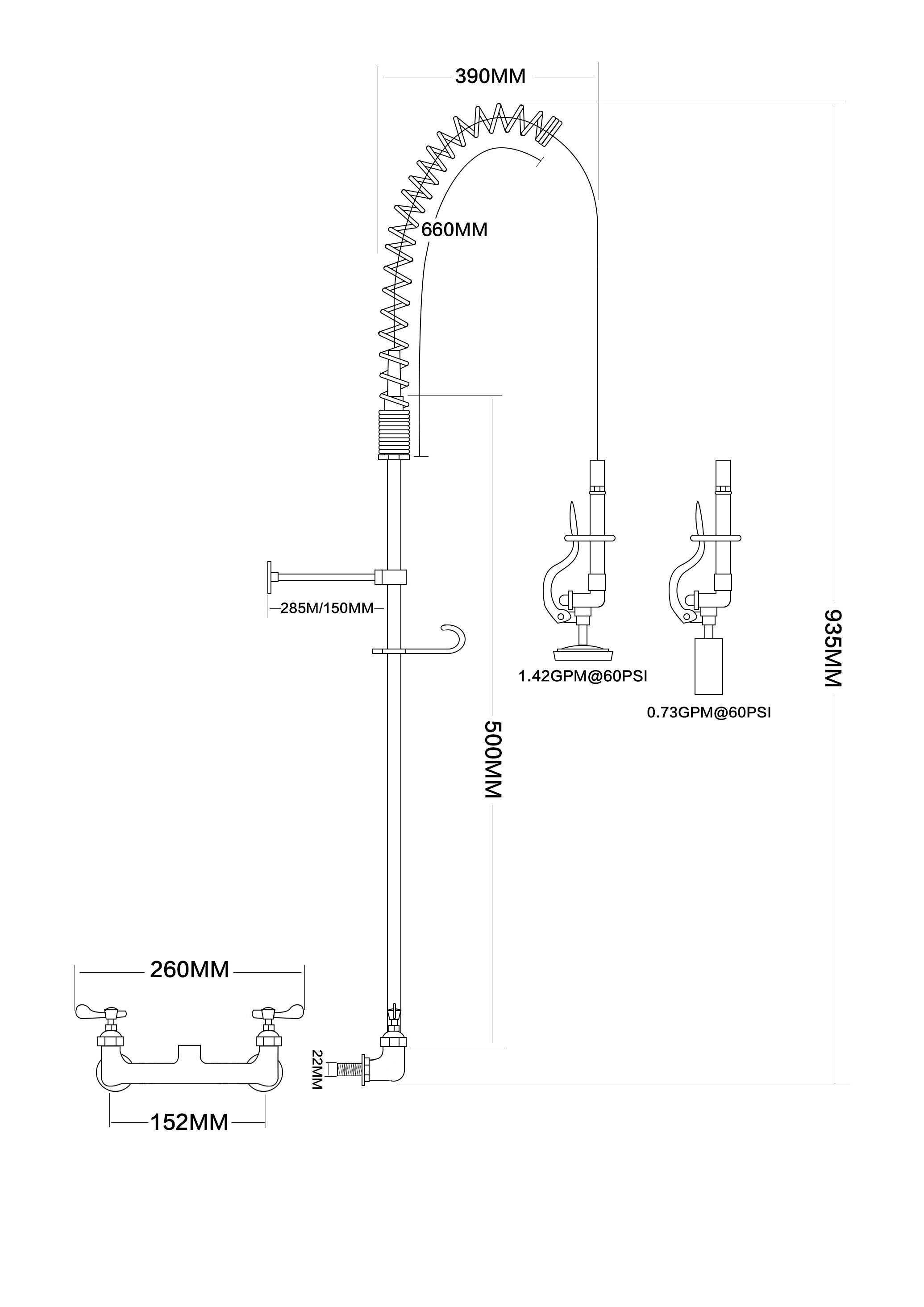 Commercial Kitchen Faucet Wall Mount 4-8 Inch Centers Sink Tap Pre-Rinse Sprayer/Shower Sink Tap