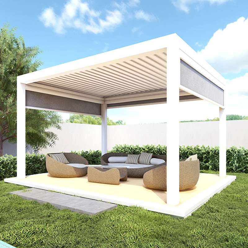 Luxury Modern Motorized Waterproof Outdoor Aluminum Bioclimatic Pergola Louver Roof Garden Gazebos with Blinds Door