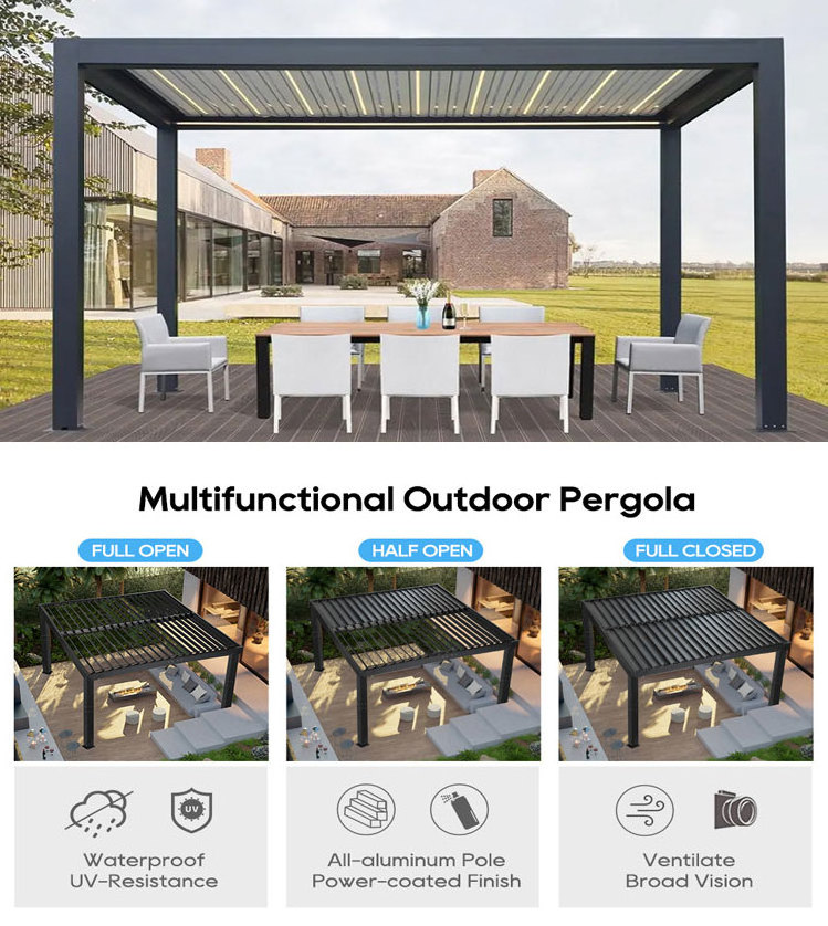 Outdoor Motorized Louvred Roof Patio cover Garden Sun shade waterproof System Louvered aluminum bioclimatic pergola