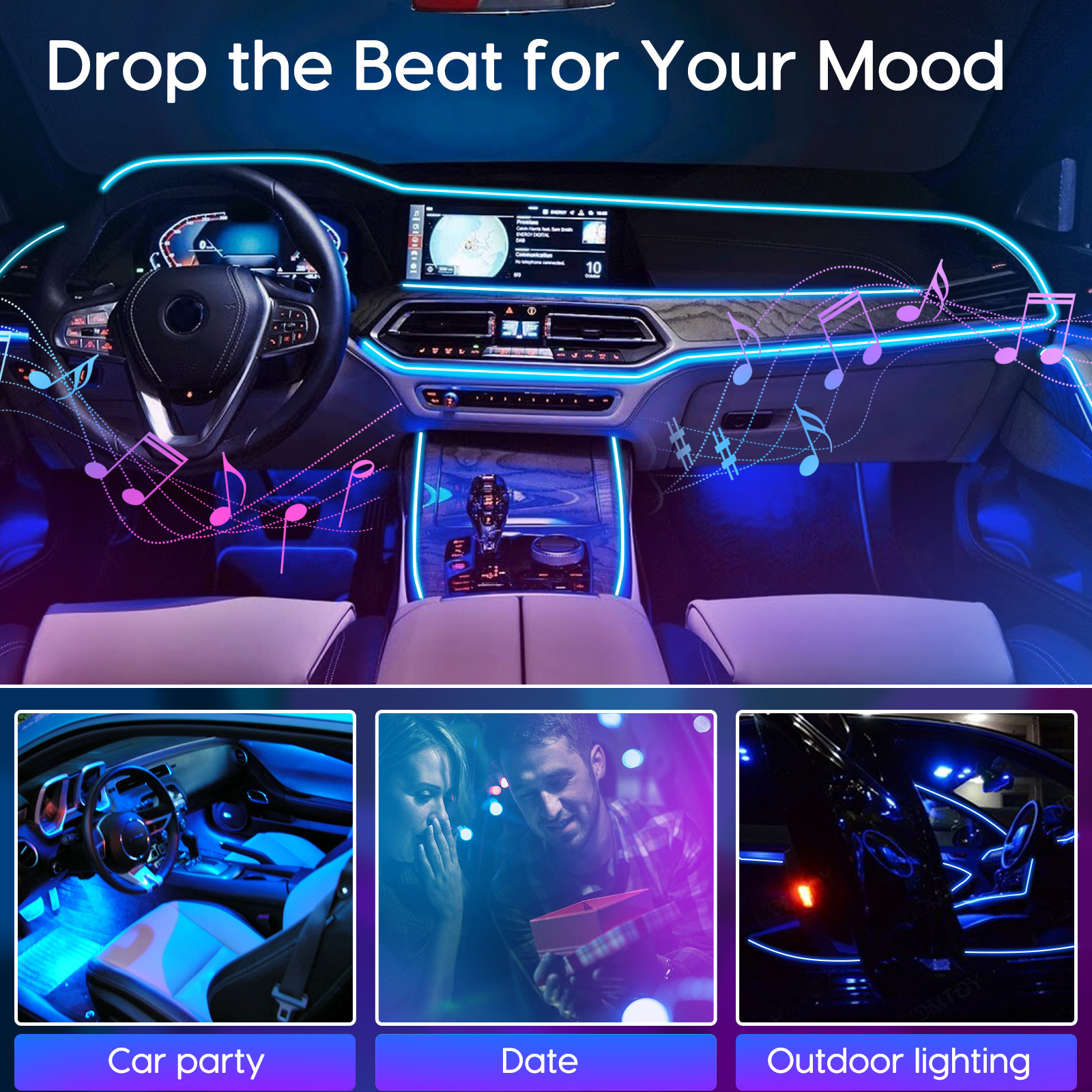 Smart App Remote Control Strip For 64 colors Car Ambient Light Guide Fiber Strip 18 In 1 RGB Led Car Interior Lights